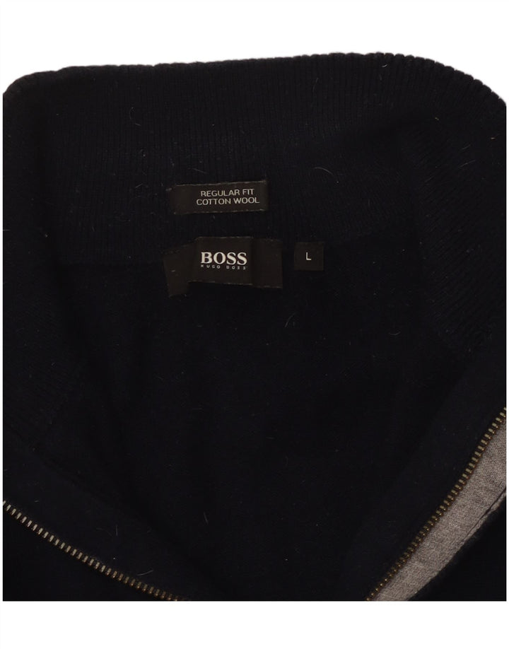 HUGO BOSS Hommes Regular Fit Zip Neck Jumper Pull Grand Bleu Marine Coton