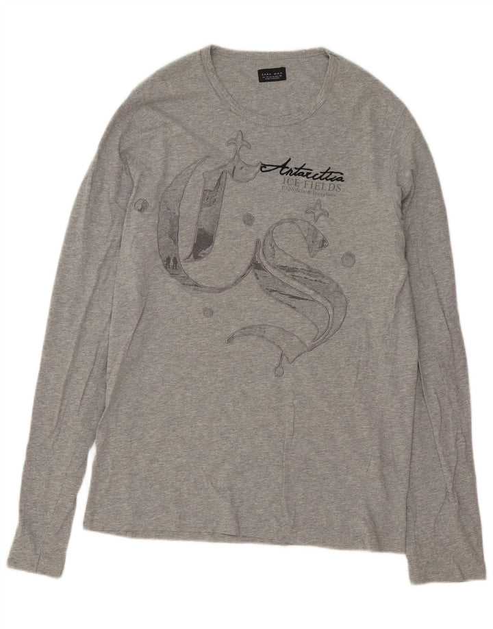 Zara Homme Graphic Top Manches Longues Gris Moyen Coton