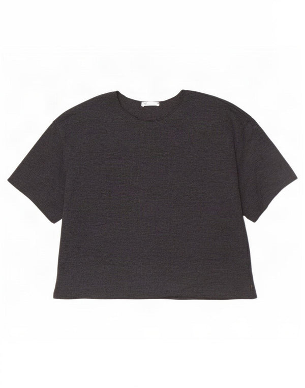 Zara T-Shirt Femme Top UK 12 Coton Gris Moyen