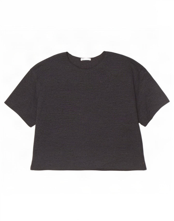 Zara T-Shirt Femme Top UK 12 Coton Gris Moyen