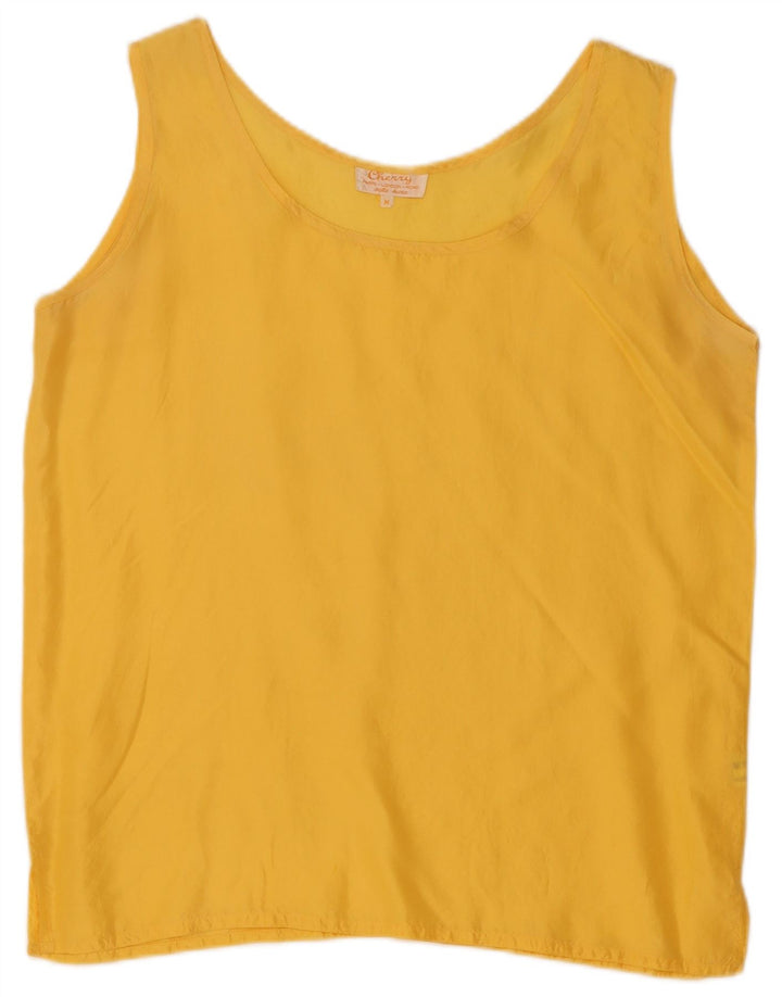 vintage Femme Blouse Sans Manches Top UK 14 Soie Jaune Moyenne