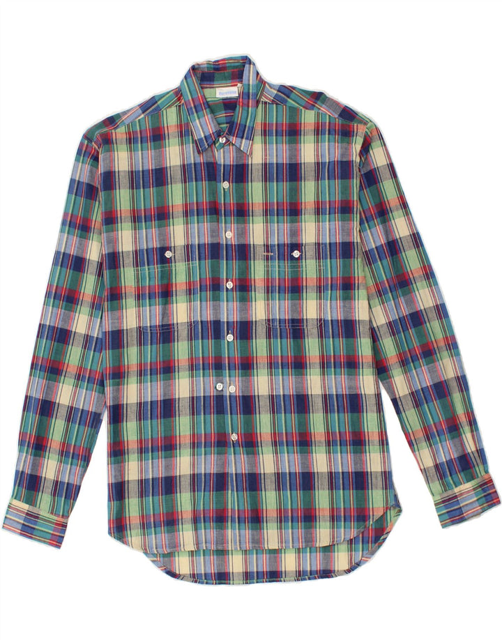 VINTAGE Mens Shirt Medium Navy Blue Check Cotton Vintage Vintage and Second-Hand Vintage from Messina Hembry 