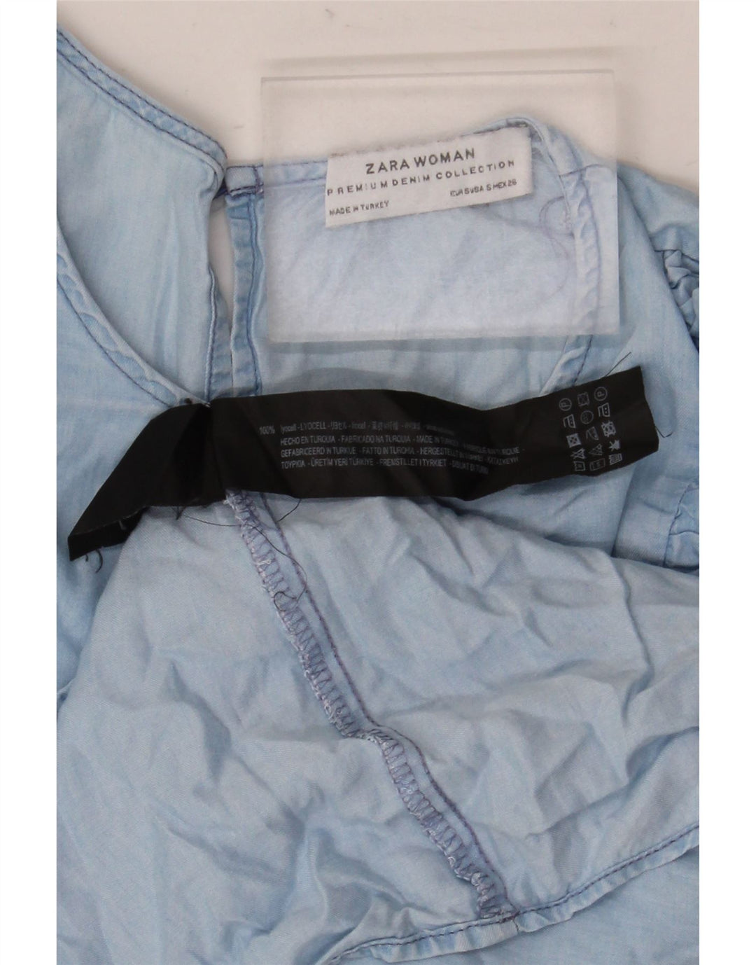 Zara Womens 3/4 Sleeve Ruffle Front Blouse Top UK 10 Petit Lyocell Bleu