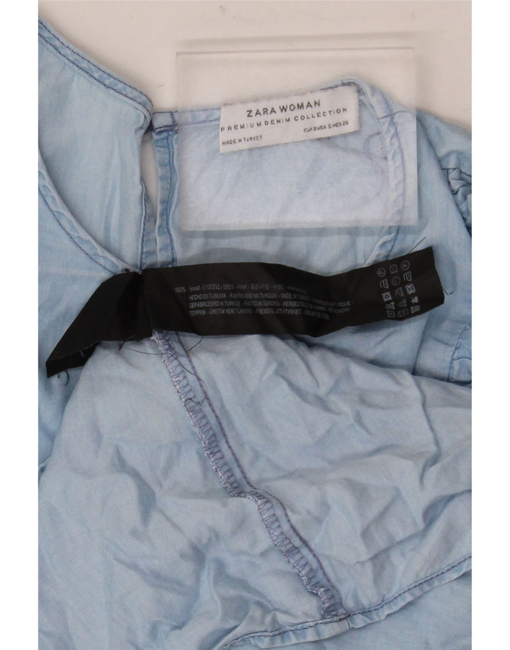 Zara Womens 3/4 Sleeve Ruffle Front Blouse Top UK 10 Petit Lyocell Bleu