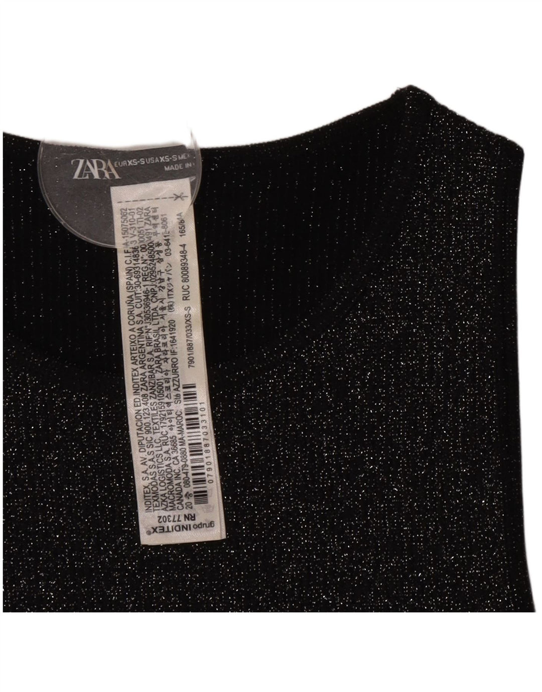 Zara Femme Haut Court Sans Manches UK 4 XS Polyester Moucheté Noir