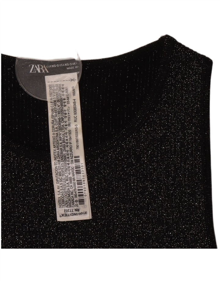 Zara Femme Haut Court Sans Manches UK 4 XS Polyester Moucheté Noir