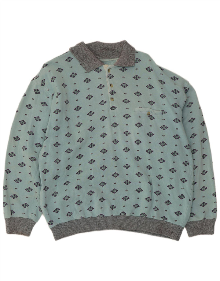 vintage Mens Polo Neck Sweatshirt Jumper Moyen Bleu Géométrique Coton