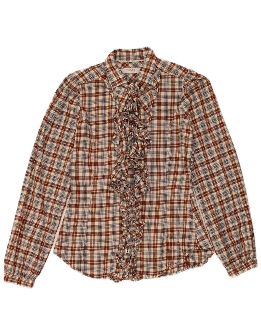 Marlboro Classics Chemise à volants sur le devant pour femme IT 38 XS Marron à carreaux en coton