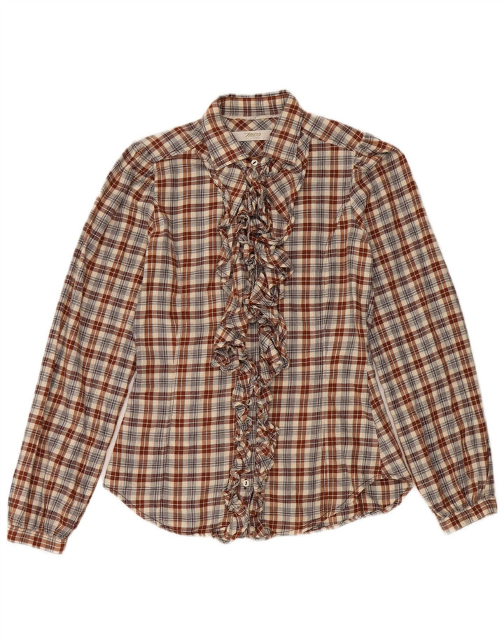 Marlboro Classics Chemise à volants sur le devant pour femme IT 38 XS Marron à carreaux en coton