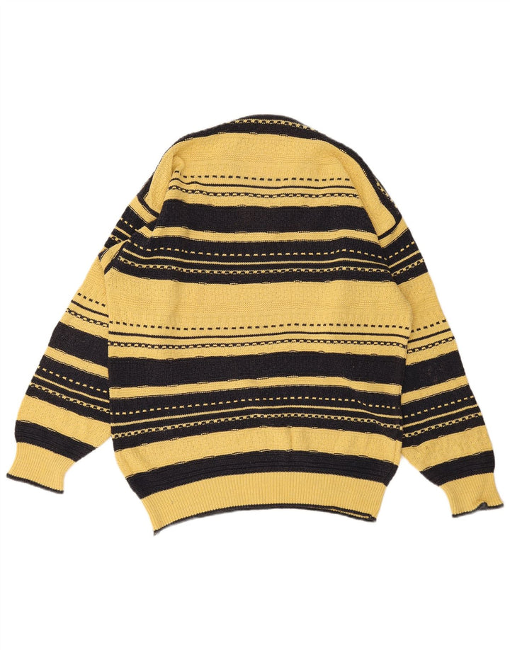 vintage Mens V-Col Jumper Pull Grand Jaune Rayé