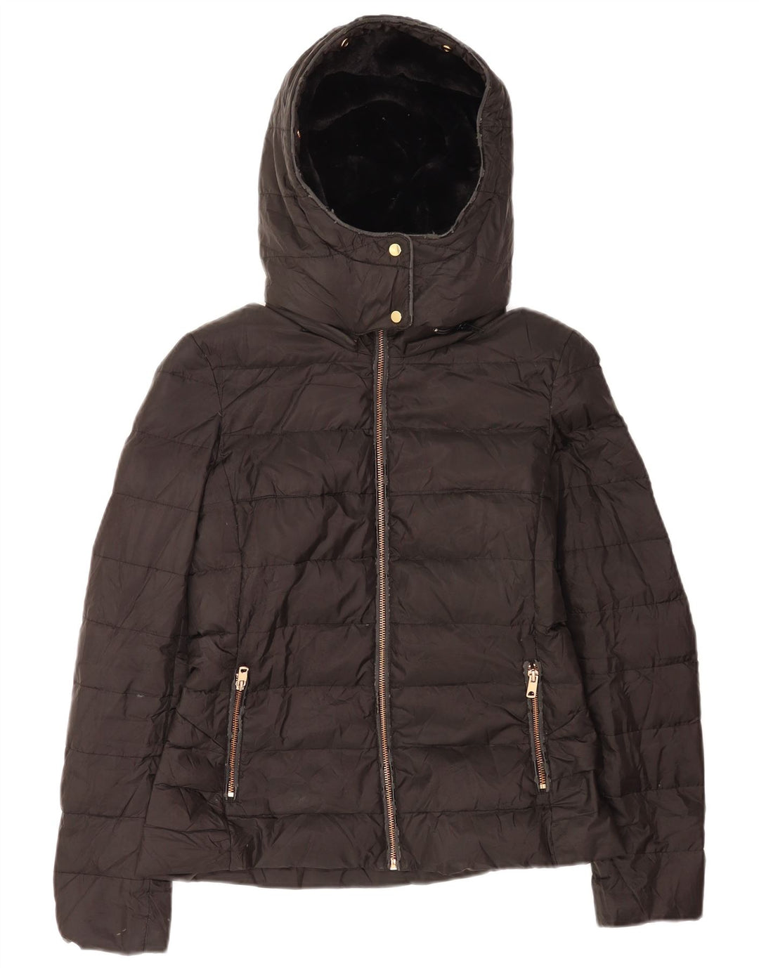 Zara Veste matelassée Sherpa à capuche pour femme UK 10 Small Noir Polyester