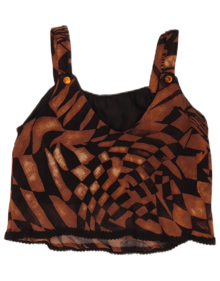 vintage Femmes Crop Cami Top UK 12 Moyen Brun Géométrique