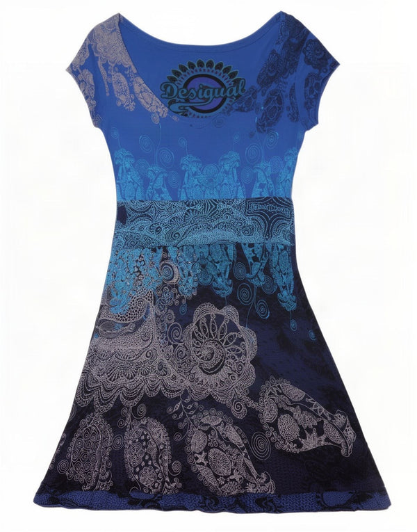 Desigual Robe trapèze graphique pour femme UK 10 Small Bleu Paisley Viscose