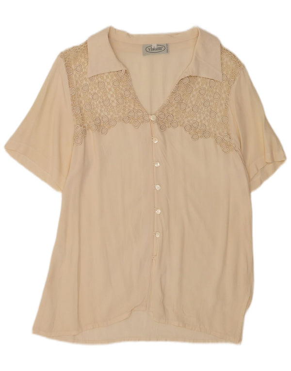 vintage Femme Chemise À Manches Courtes Blouse UK 20 2XL Soie Beige