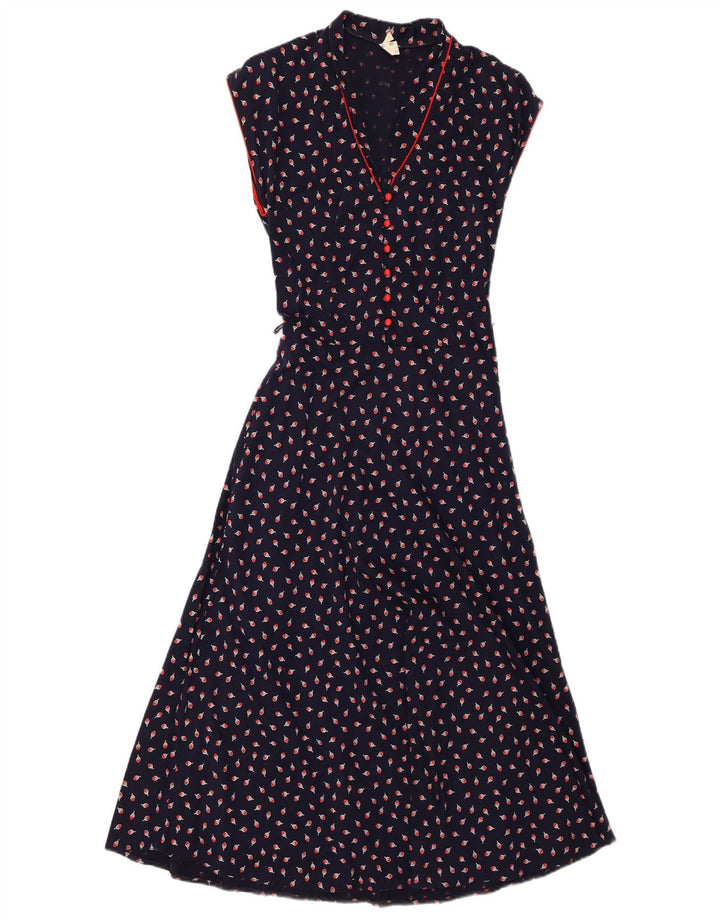 VINTAGE Robe Maxi sans Manches Femme IT 38 XS Bleu Marine Coton Floral