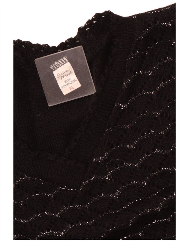 VINTAGE Femme Manches Courtes Col V Pull Pull UK 18 XL Noir Rayé