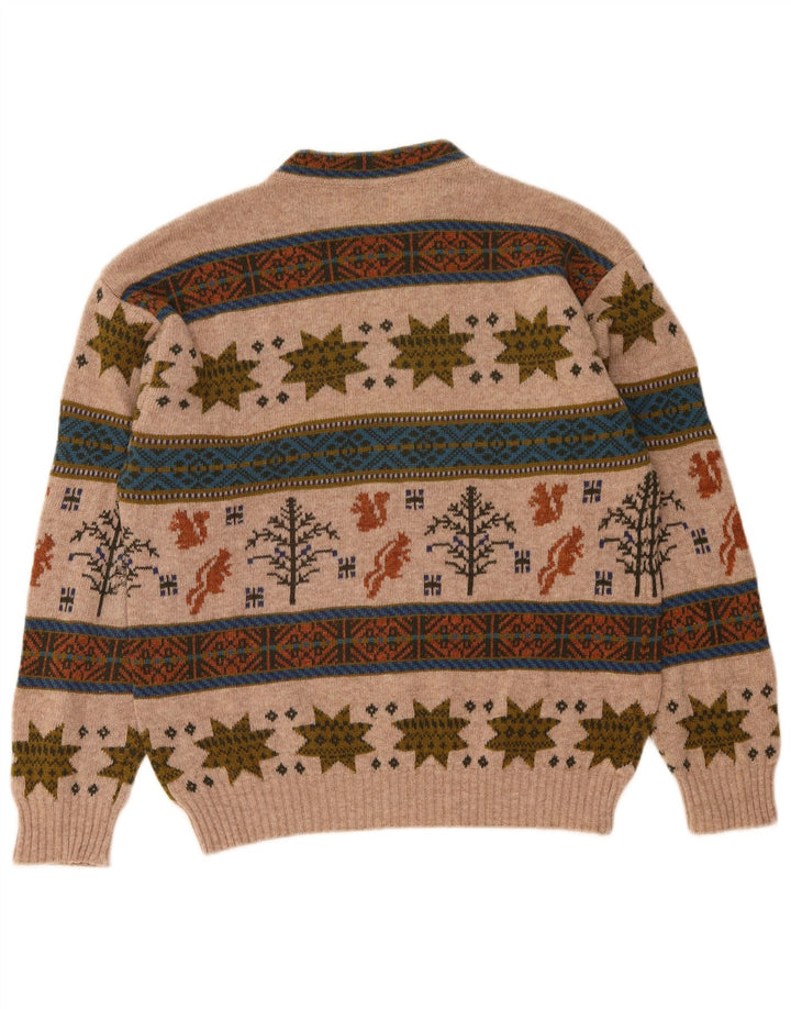 Benetton Pull à col rond en laine Fair Isle beige moyen pour homme