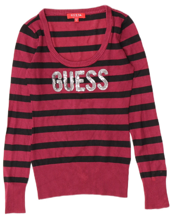 Guess Pull graphique à col bateau pour femme UK 4 XS Bordeaux rayé