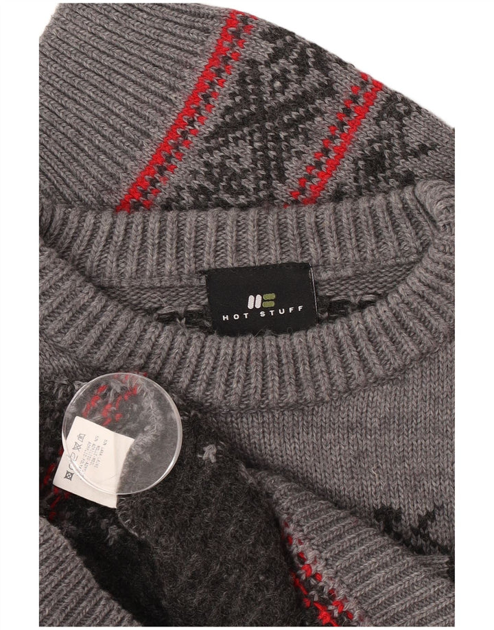 Hot Stuff Pull à col rond pour homme en laine Fair Isle gris Taille L
