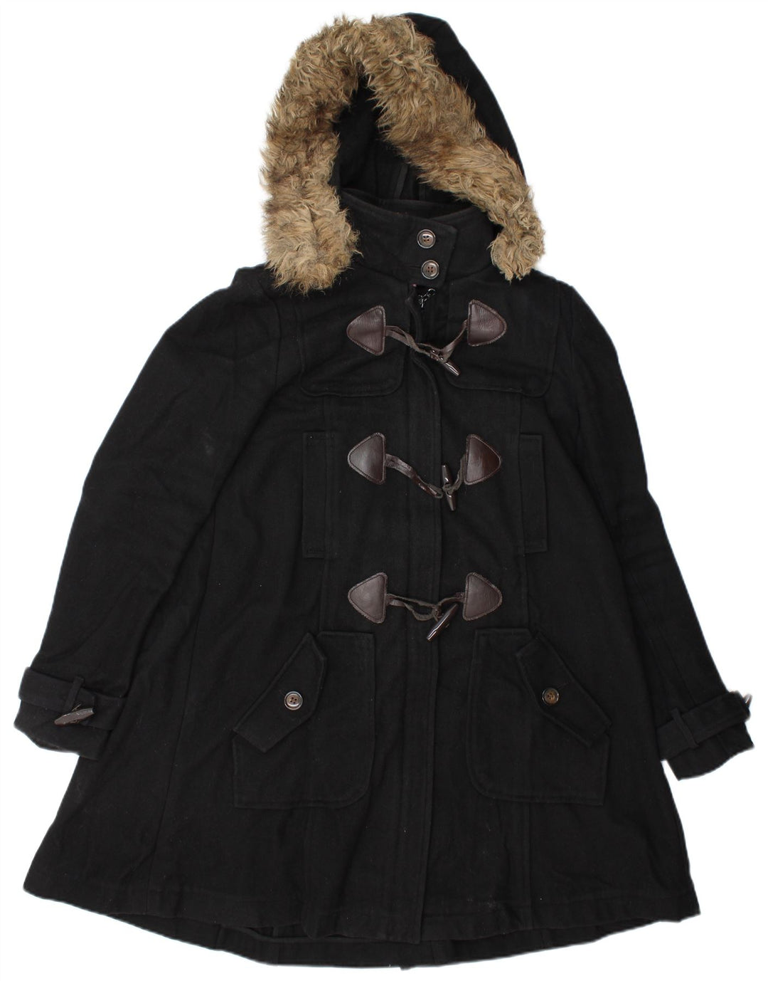 vintage Femmes À Capuchon Duffle Coat UK 10 Petite Laine Noire