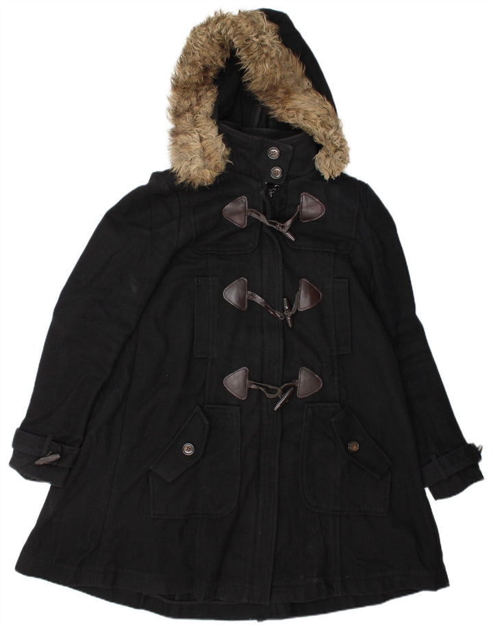 vintage Femmes À Capuchon Duffle Coat UK 10 Petite Laine Noire