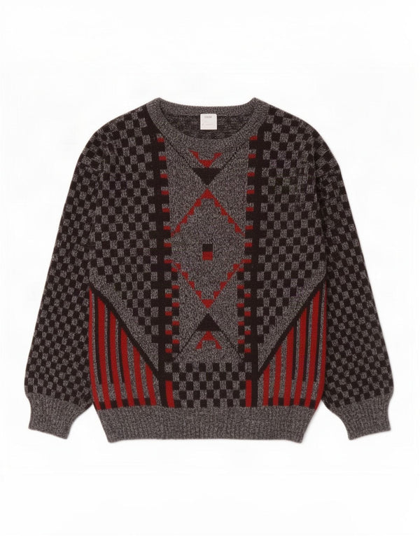 vintage Mens Boat Neck Jumper Pull Grand Gris Géométrique Acrylique