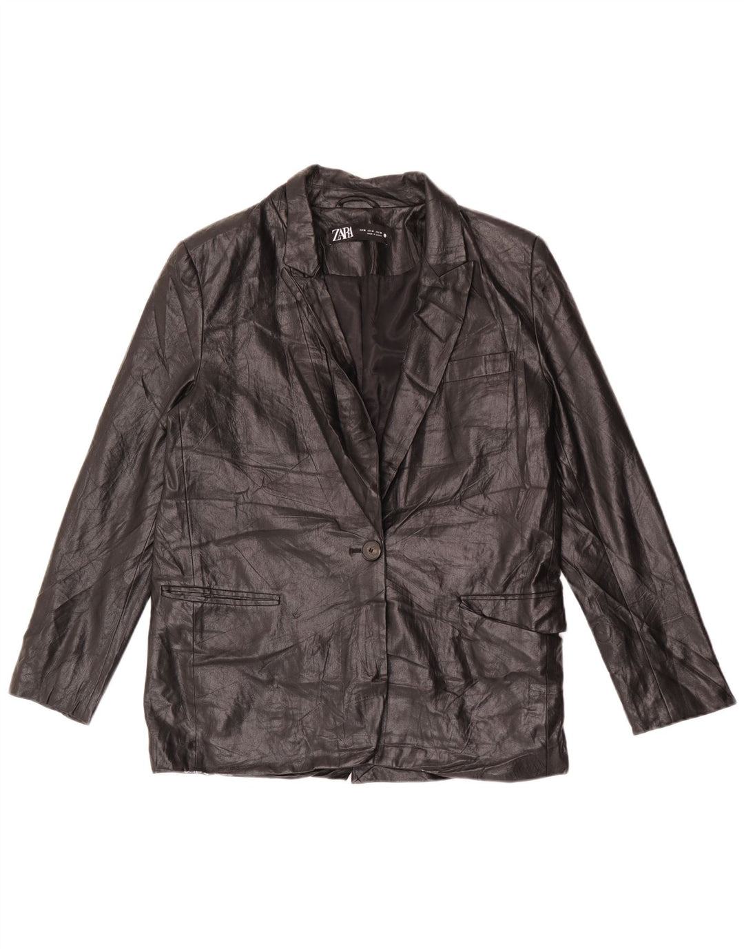Zara Veste blazer en simili cuir à 1 bouton pour femme UK 14 Noir moyen