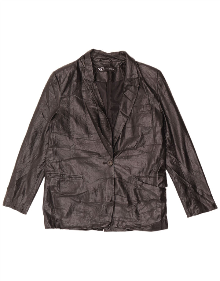 Zara Veste blazer en simili cuir à 1 bouton pour femme UK 14 Noir moyen