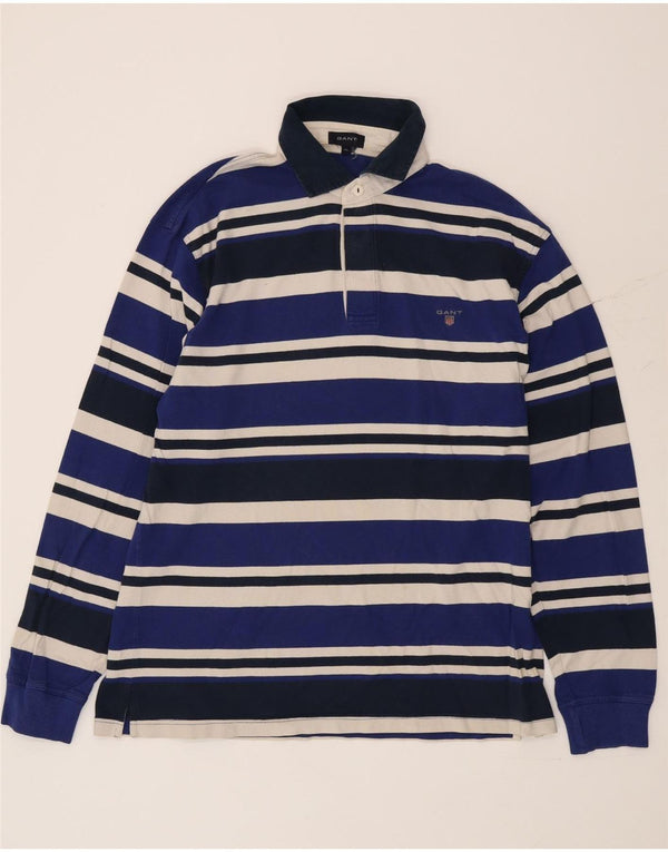 Gant Mens Long Sleeve Rugby Polo Shirt XL Navy Blue Striped Cotton