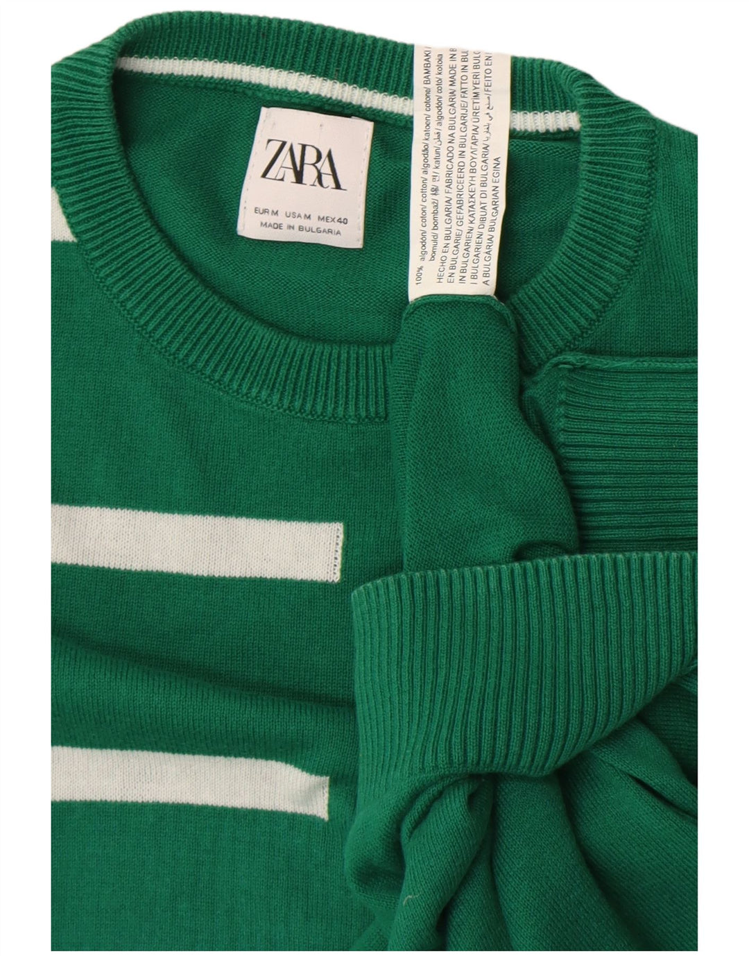 Zara Pull à col rond en coton rayé vert moyen pour homme