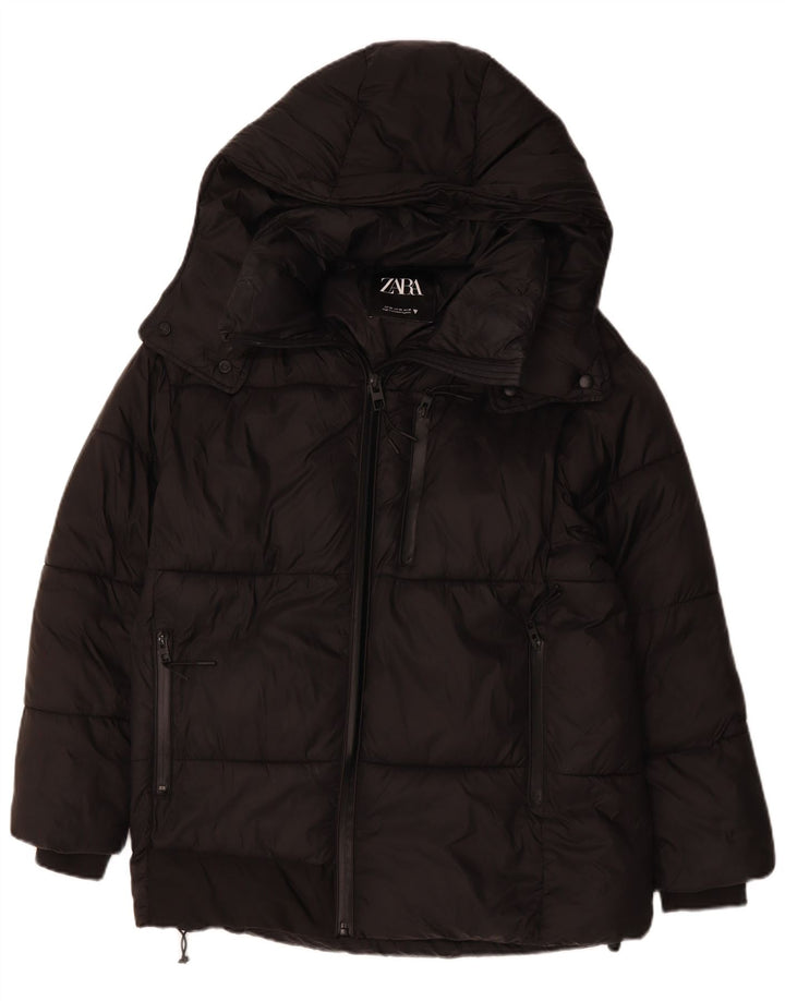 ZARA Veste matelassée à capuche surdimensionnée pour femme UK 6 XS Noir Polyester