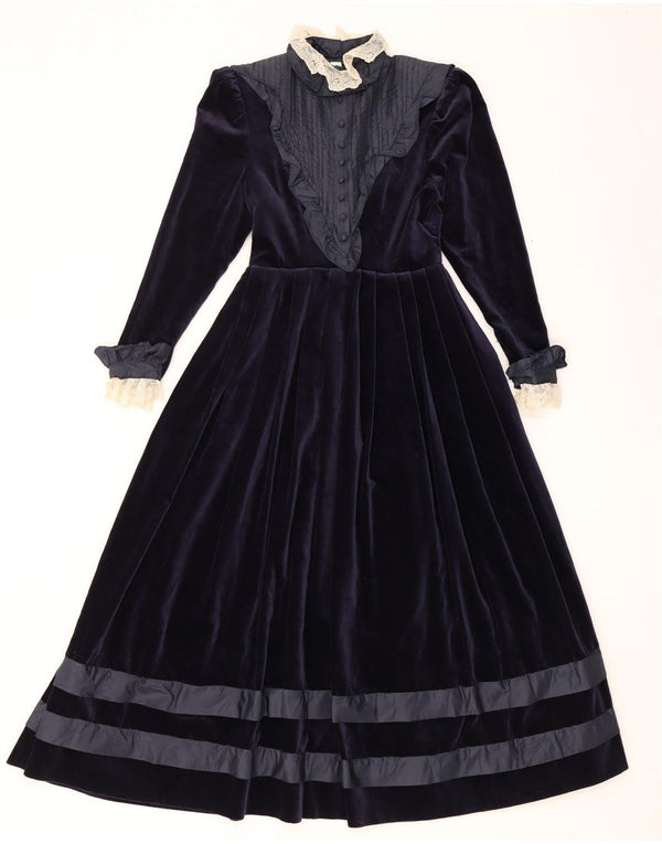 Vintage Womens Long Sleeve Velvet Maxi Dress UK 8 Small Navy Blue Floral