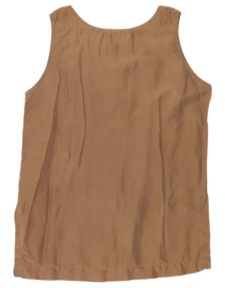 vintage Femme Blouse Sans Manches Top UK 10 Petite Soie Brune