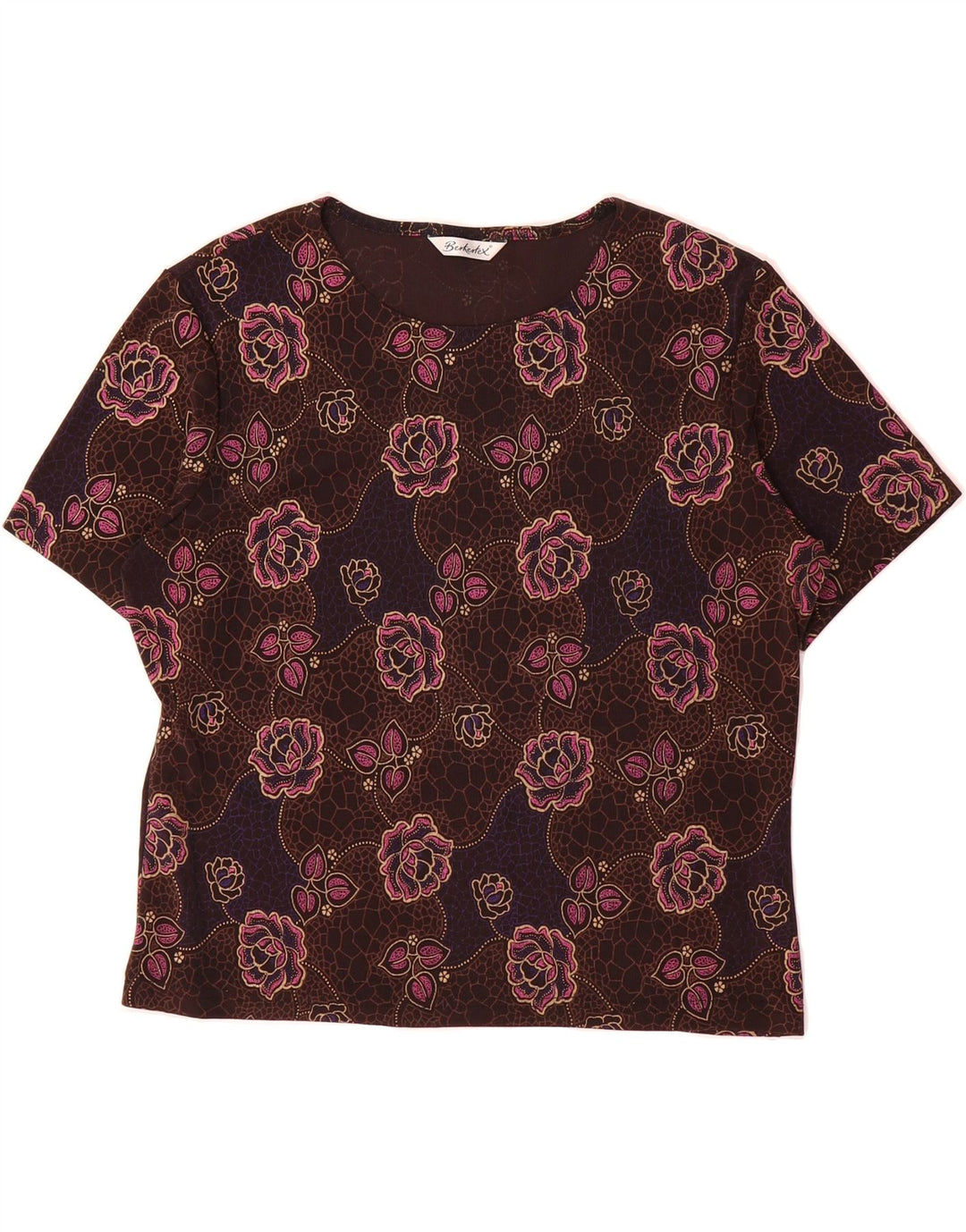 BERKERTEX  Womens T-Shirt Top UK 16 Large Brown Floral Polyester Vintage Berkertex and Second-Hand Berkertex from Messina Hembry 