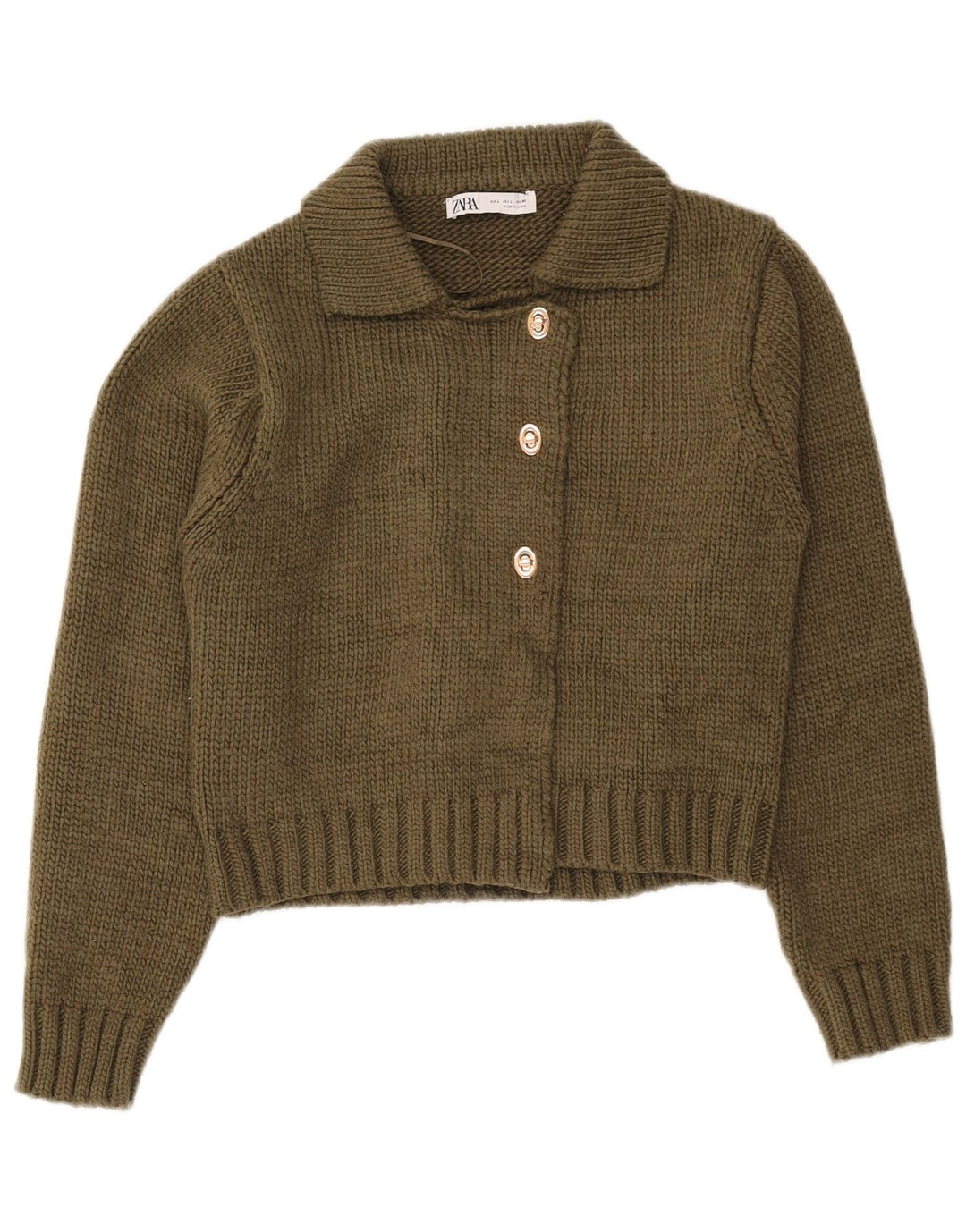 Zara Womens Crop Cardigan Sweater UK 16 Large Kaki Polyester