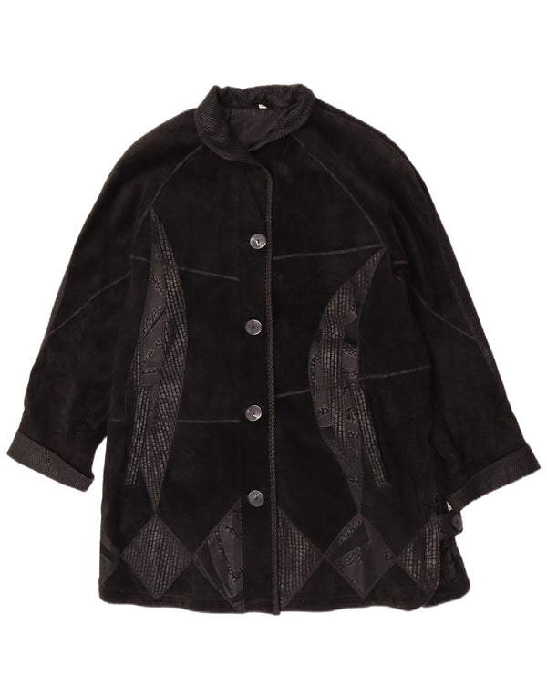 vintage Femmes Daim Surdimensionné Pardessus EU 42 Grand Cuir Géométrique Noir