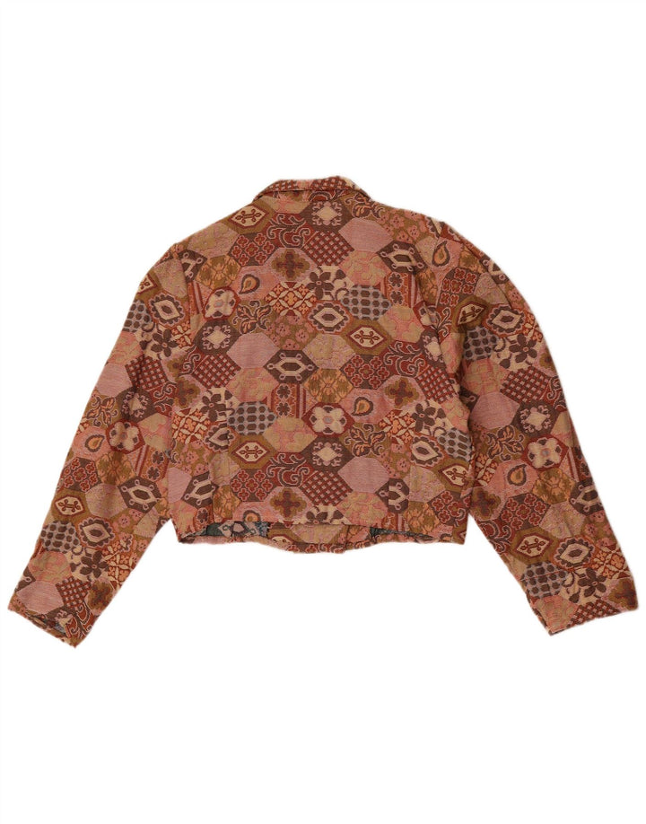 vintage Femmes Crop Blazer Veste UK 14 Moyen Brun Géométrique