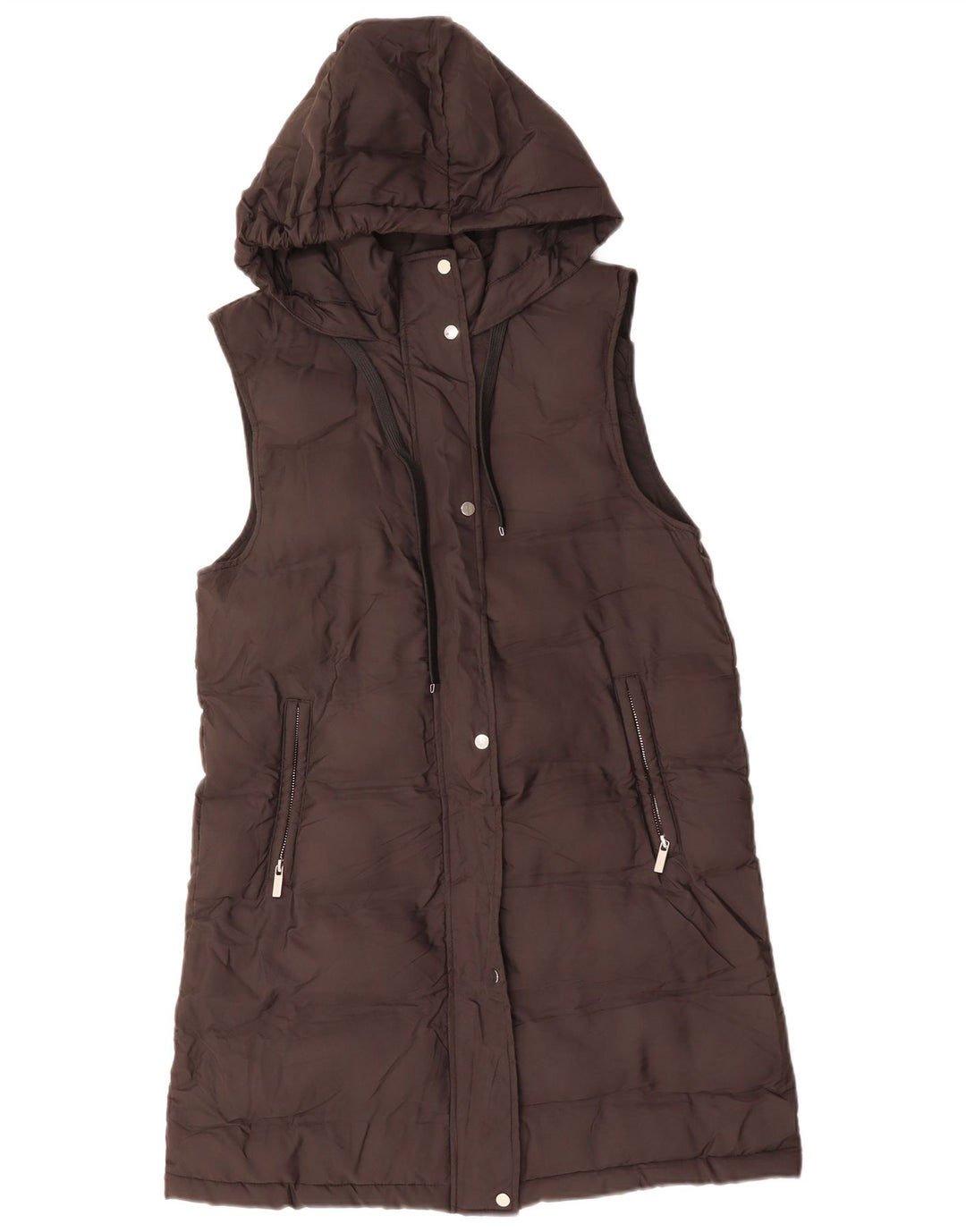 ZARA Gilet rembourré long à capuche surdimensionné pour femme UK 6 XS Marron Polyester