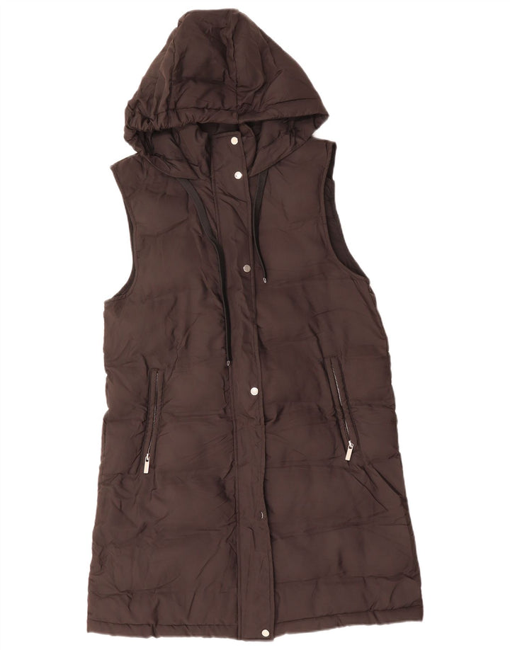 ZARA Gilet rembourré long à capuche surdimensionné pour femme UK 6 XS Marron Polyester