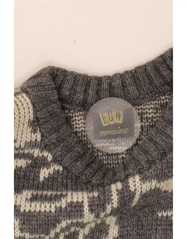 vintage Mens Abstract Pattern Crew Neck Jumper Pull Petit Gris