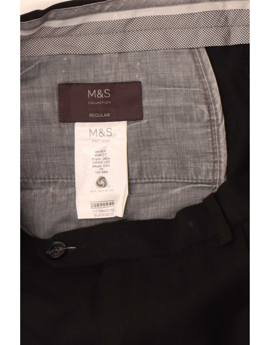 Marks & Spencer Pantalon de costume coupe classique pour homme W36 L33 Laine noire