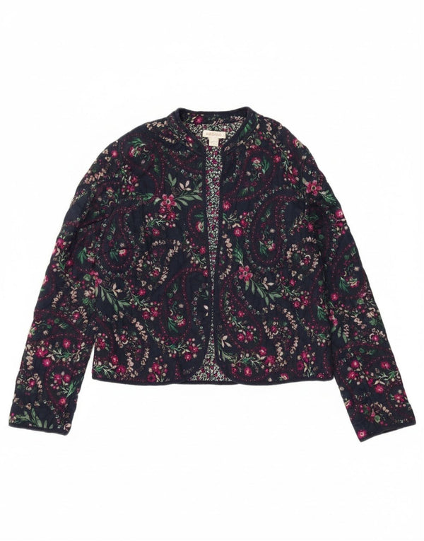 Monsoon Veste Blazer Ouverte Femme UK 12 Coton Floral Bleu Marine Moyen