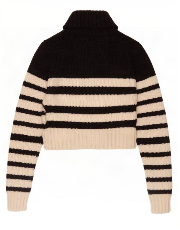 Zara Womens Crop Roll Neck Jumper Sweater UK 16 Grand Acrylique Rayé Noir