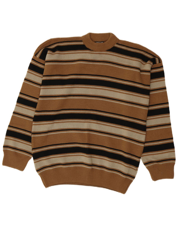 vintage Mens Crew Neck Jumper Pull IT 54 XL Marron Rayé