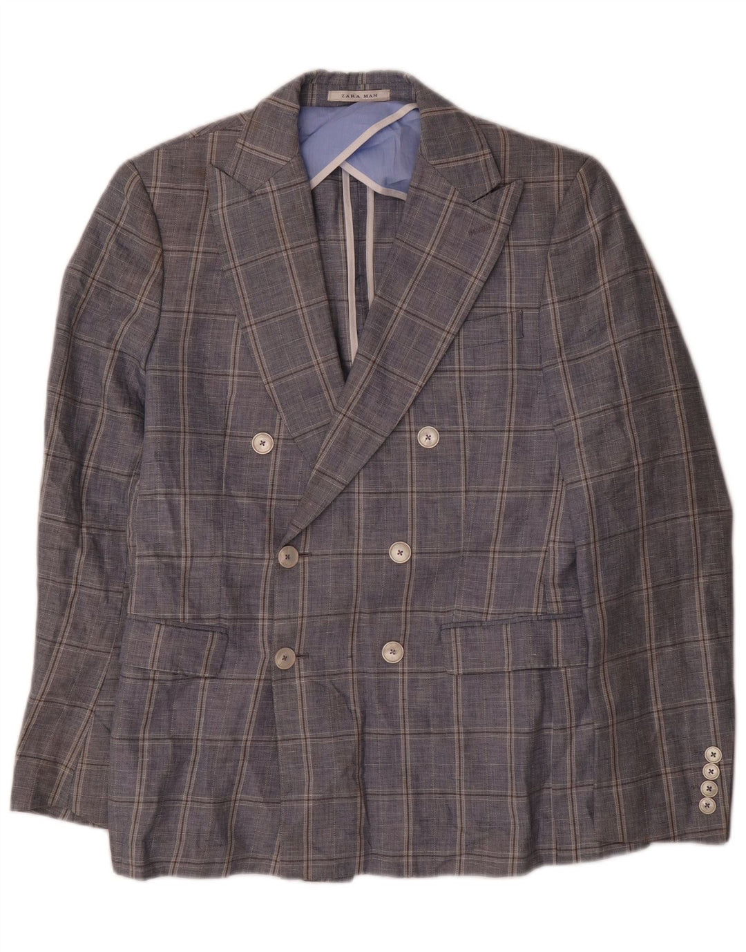 Zara Veste blazer à double boutonnage pour homme EU 48 Bleu marine moyen à carreaux en coton