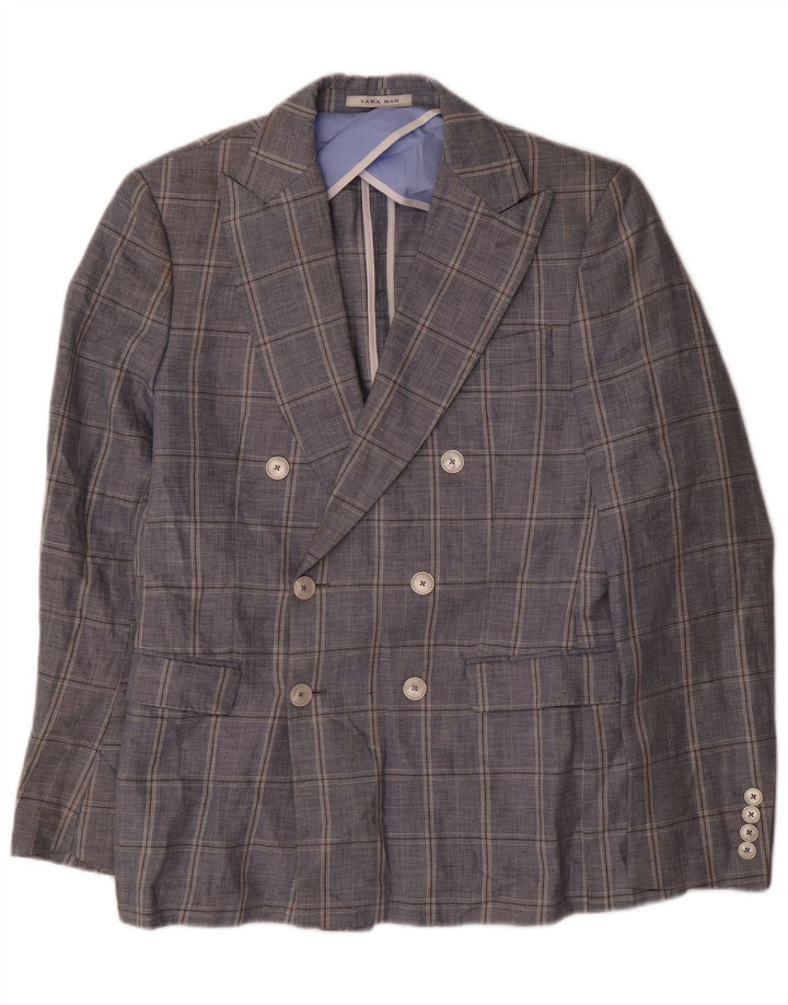 Zara Veste blazer à double boutonnage pour homme EU 48 Bleu marine moyen à carreaux en coton