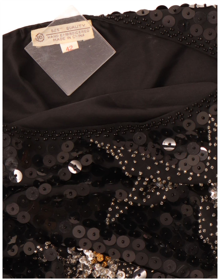 VINTAGE Femmes Motif Abstrait 3/4 Manches Blouse Top EU 42 Grand Noir