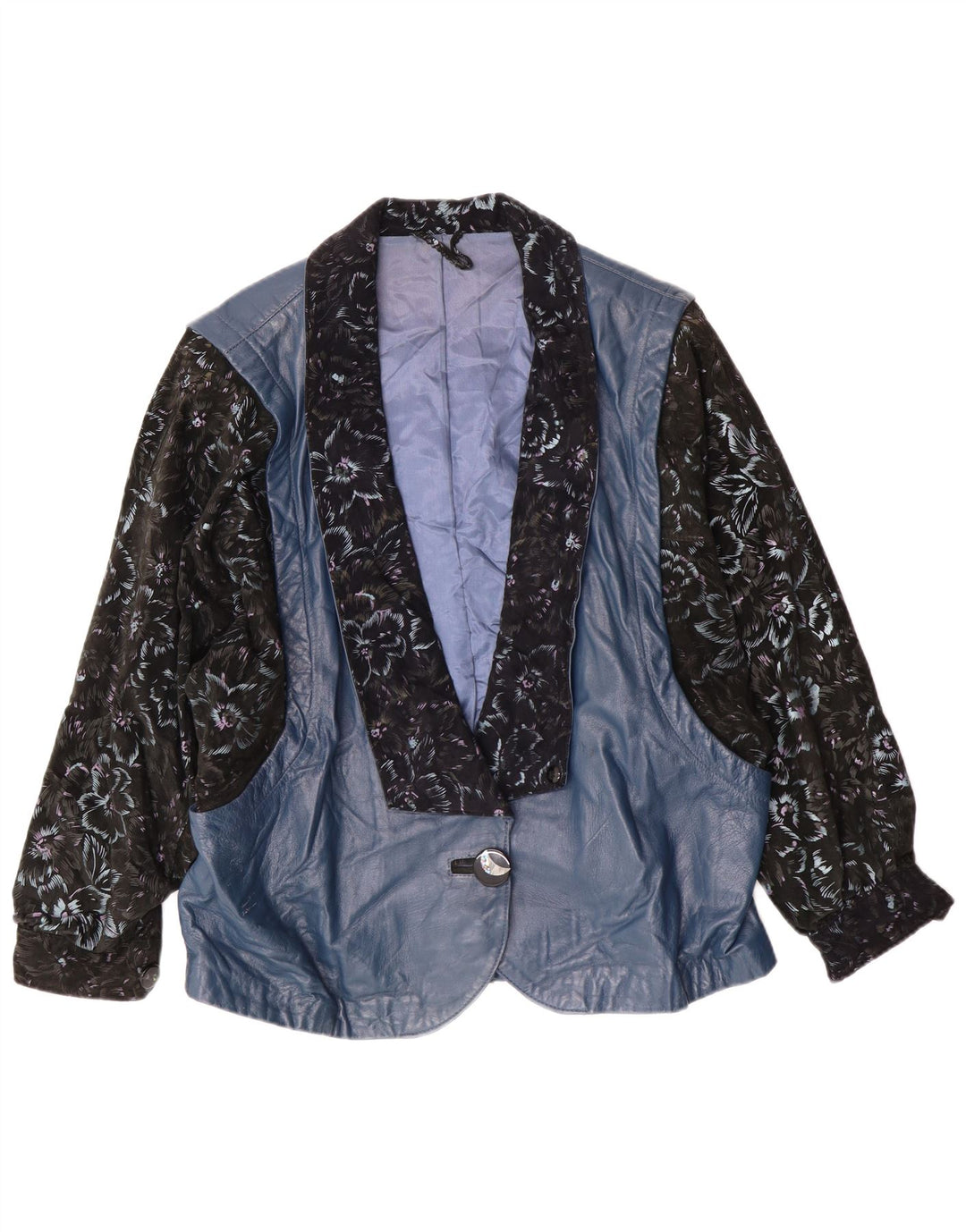 veste en cuir femme vintage UK 14 Grand Bleu Floral Rétro