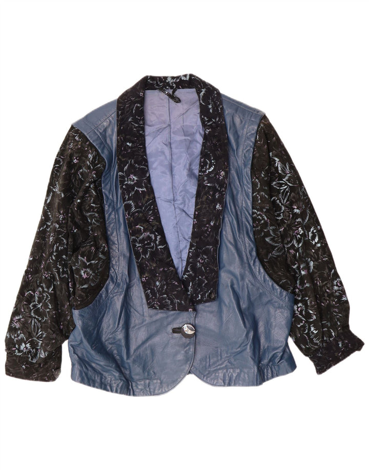 veste en cuir femme vintage UK 14 Grand Bleu Floral Rétro