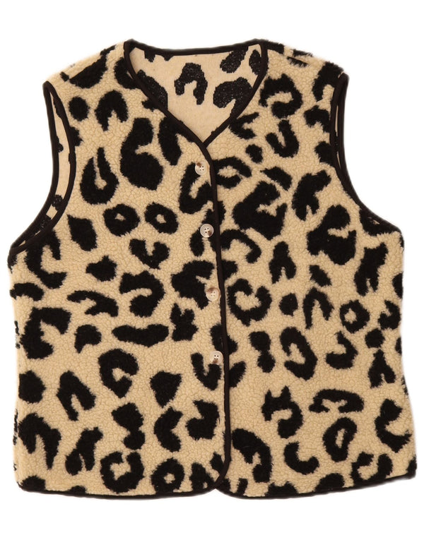 vintage Femme Polaire Gilet UK 14 Moyen Beige Animal Print Polyester